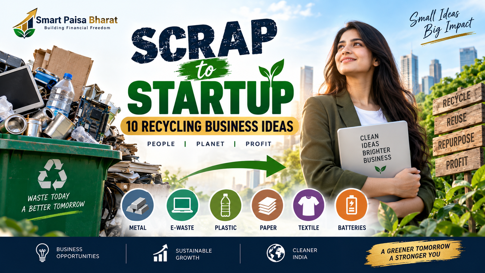 Scrap to startup recycling business ideas including metal, e-waste, plastic, paper and textile recycling