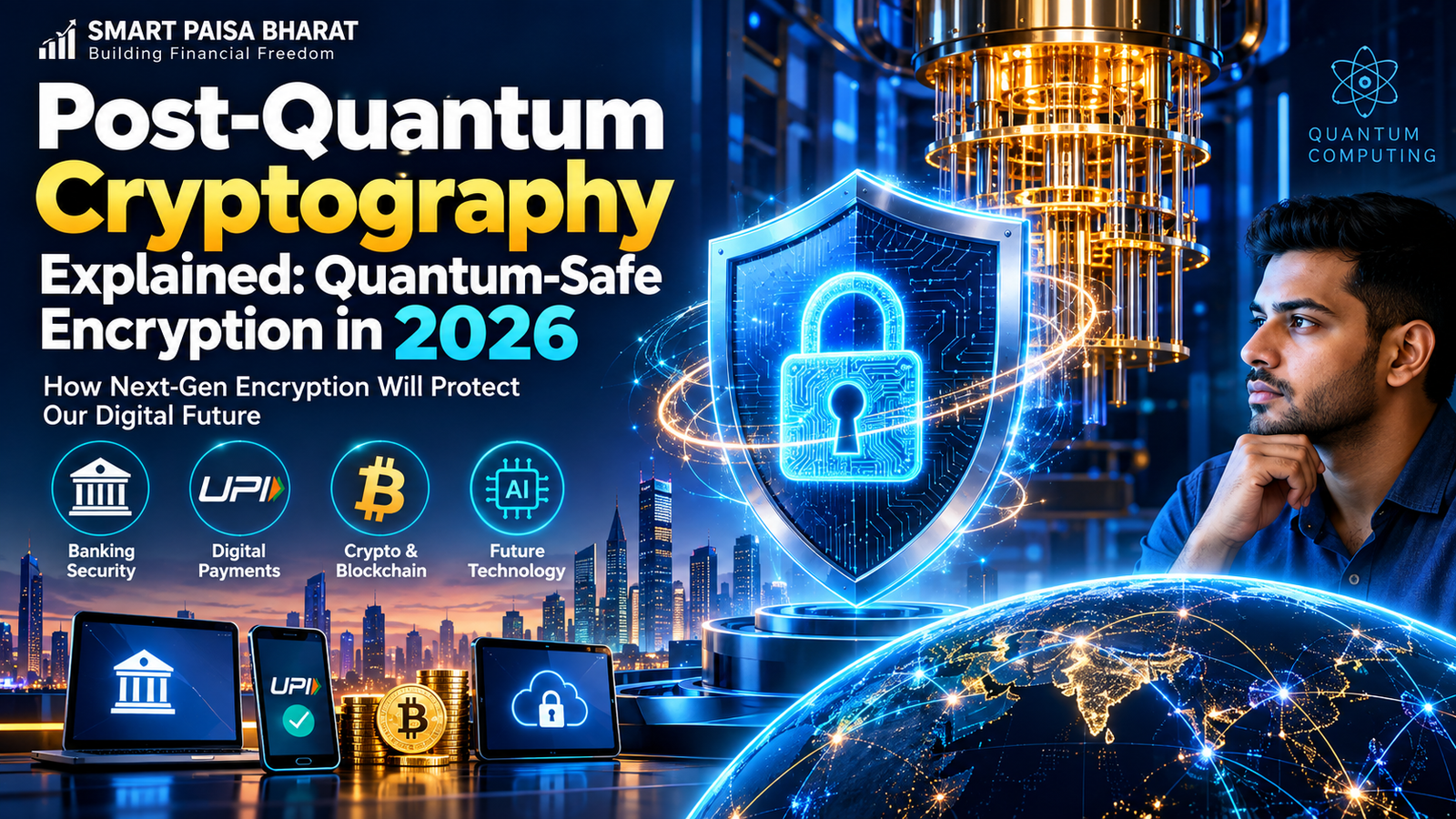 Post-quantum cryptography and quantum-safe encryption in 2026 with digital security, banking and AI technology.