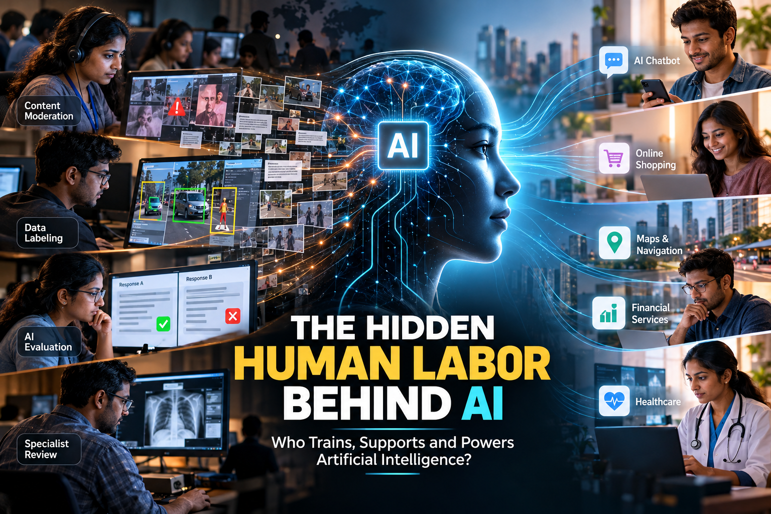 Hidden human labor behind AI, showing data labeling workers, AI trainers, and human support teams