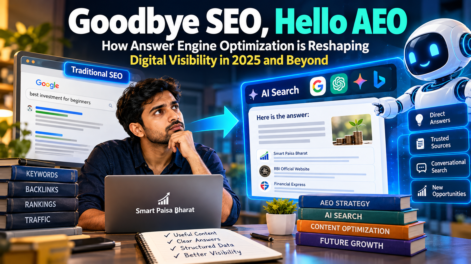 AI search optimization and traditional SEO comparison showing how Answer Engine Optimization (AEO) improves digital visibility.