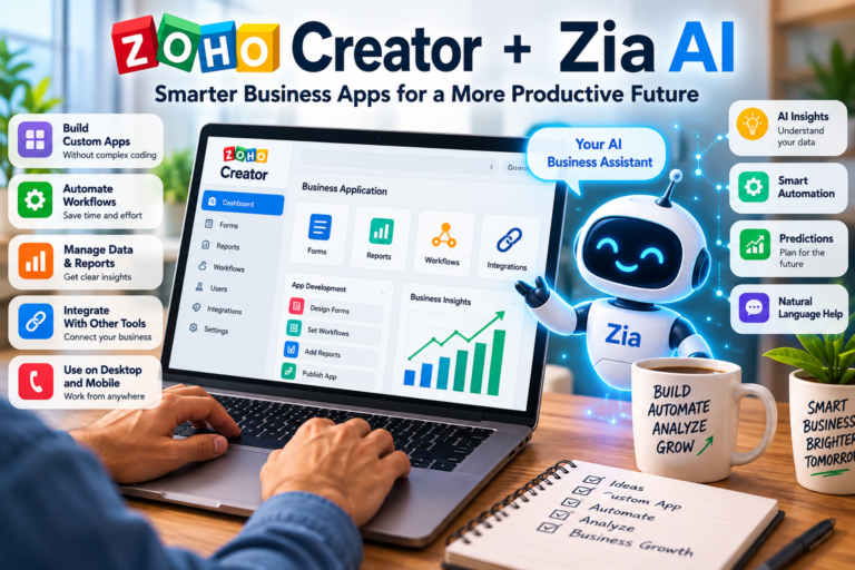 Zoho Creator and Zia AI for business app development, workflow automation, and smart business insights.