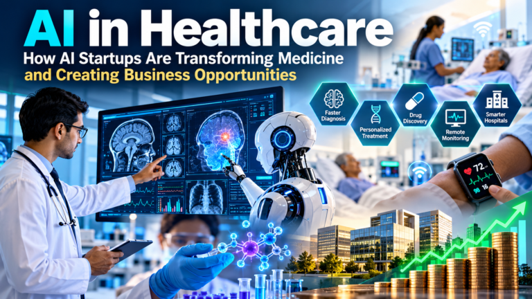 AI in healthcare showing doctors, medical robots, AI-powered diagnosis, drug discovery, and healthcare business opportunities.