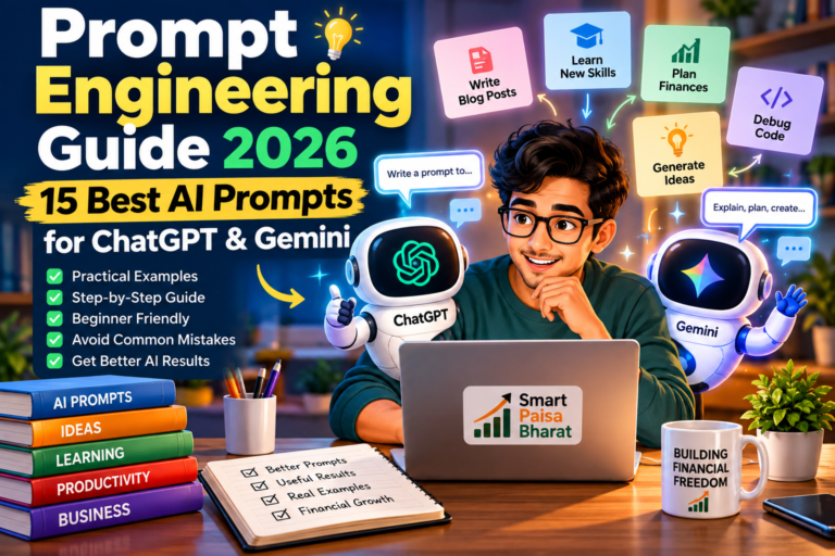 Prompt Engineering Guide 2026 featuring 15 AI prompts for ChatGPT and Gemini with practical examples and beginner tips.