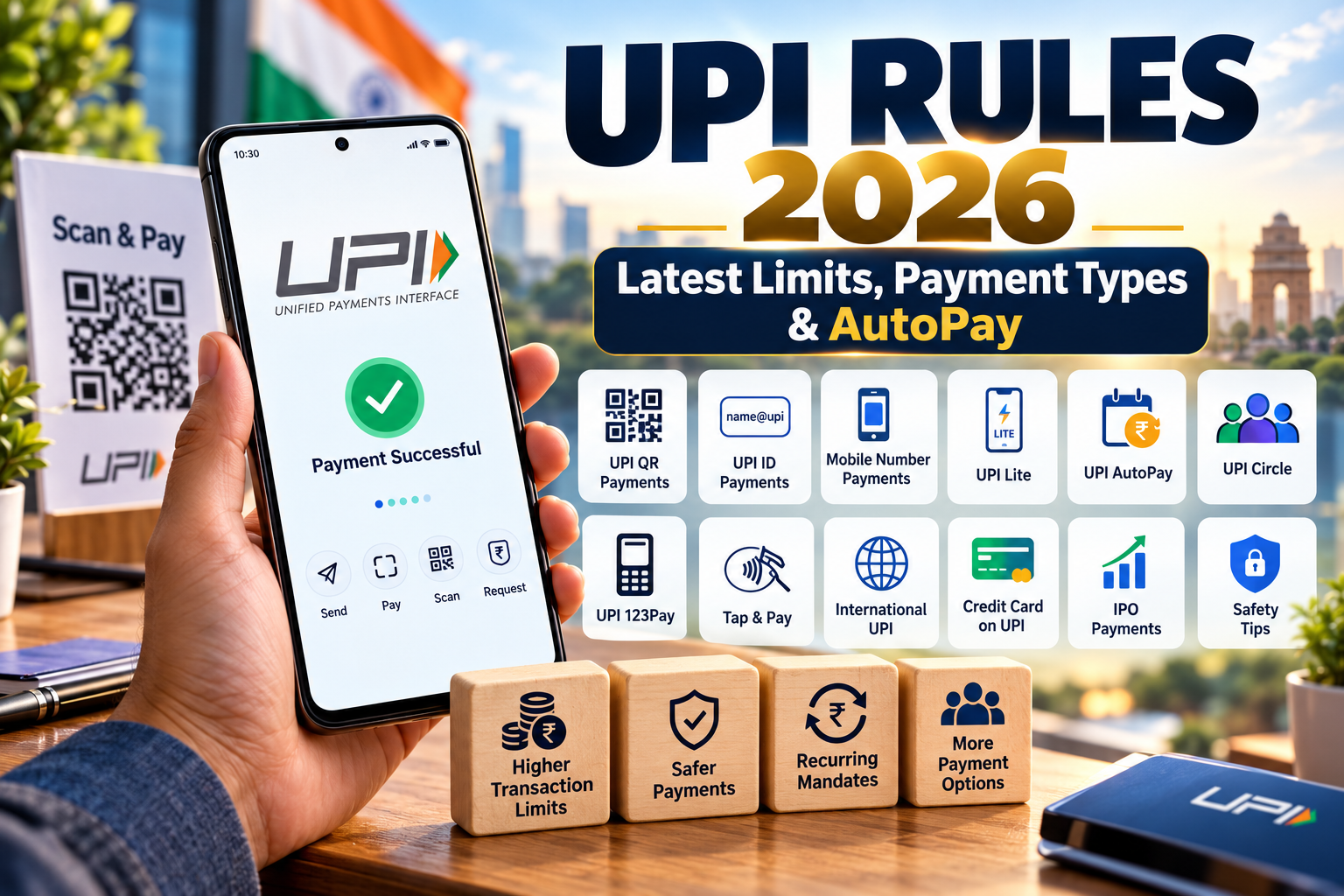 UPI Rules 2026 showing latest payment limits, UPI payment types and AutoPay features