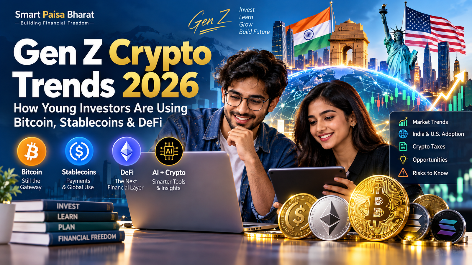 Gen Z crypto trends 2026 showing young investors using Bitcoin, stablecoins, DeFi and AI