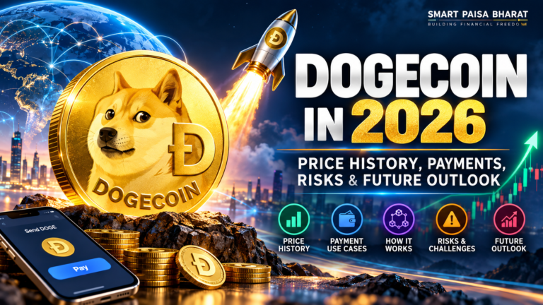 Dogecoin in 2026 cryptocurrency guide featuring a golden DOGE coin, digital payments and future market outlook.