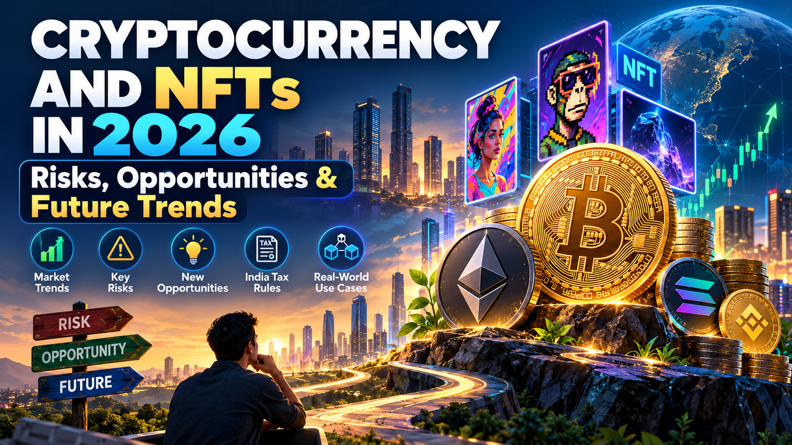 Cryptocurrency and NFTs in 2026 featuring Bitcoin, blockchain technology, digital assets, market risks and future trends