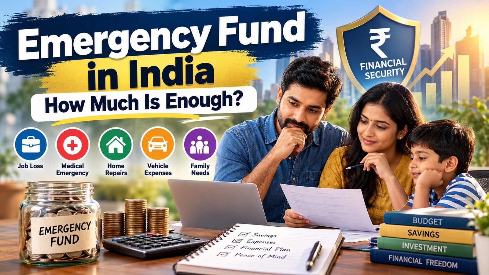 Indian family planning an emergency fund with savings, budgeting and financial security.