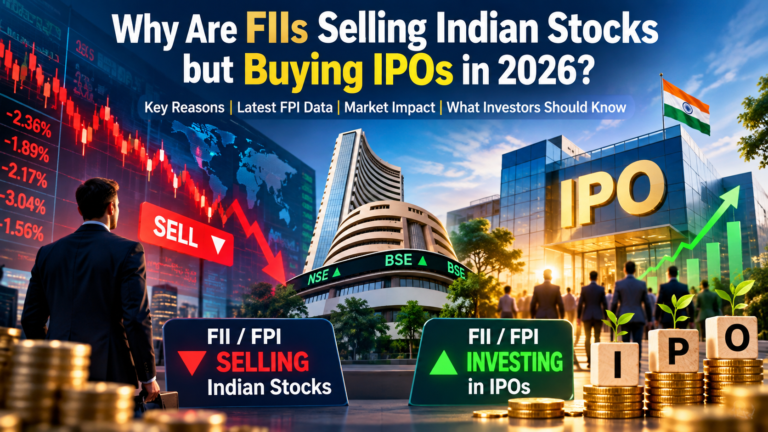 Illustration showing foreign investors selling Indian stocks while investing in IPOs in 2026, with falling stock charts and rising IPO growth indicators.